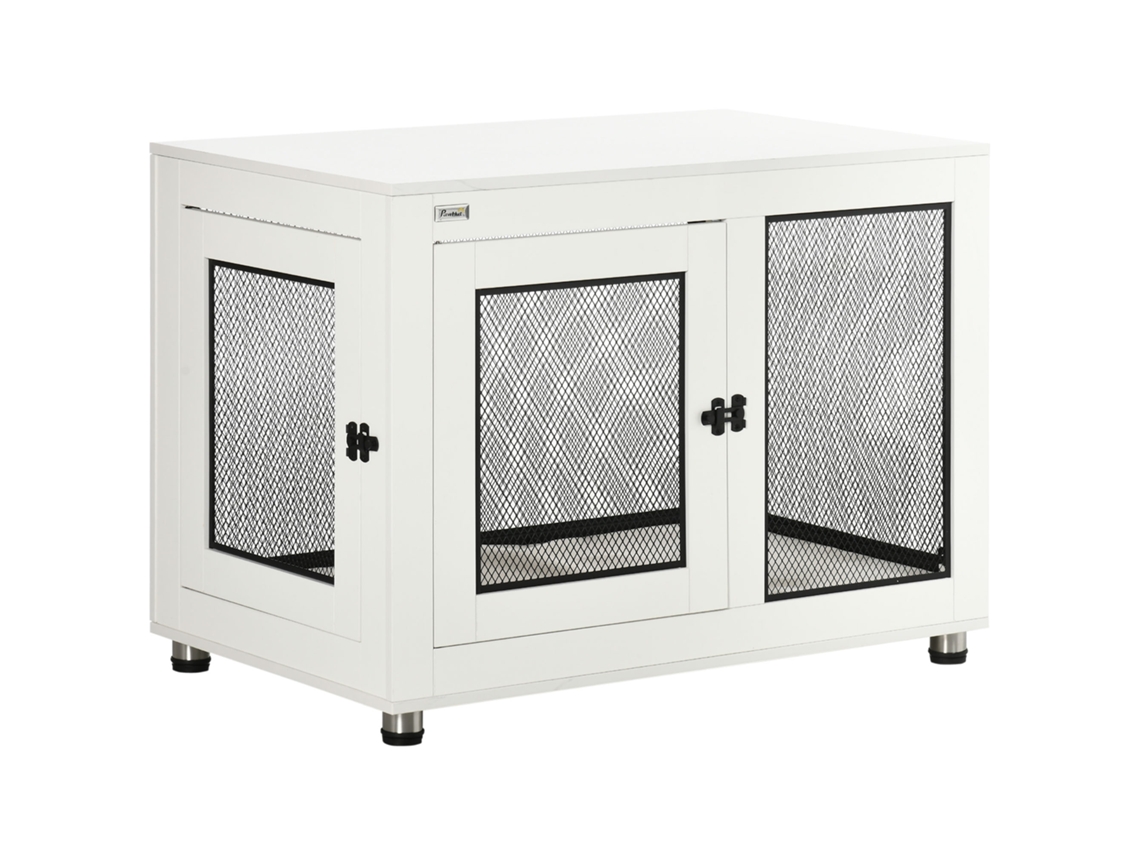 Gaiola Para Cães Com Tampo, Almofada, 2 Portas, Casinha, Caixa Interna, Mesa Lateral, Branco+preto, 94x60x71,5cm.