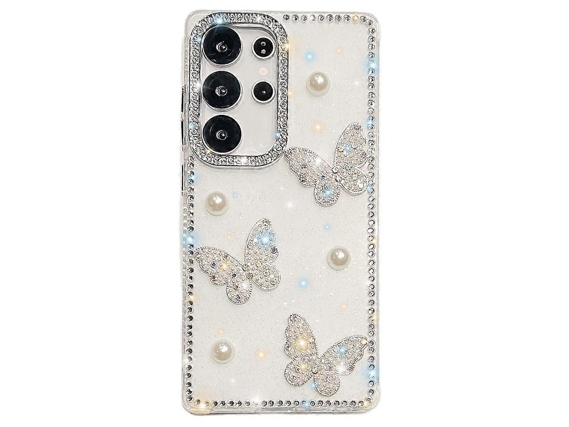 Capa Tkdaddy Para Samsung Galaxy S25 Ultra Com Strass E Borda De Pérola E Borboleta, Tpu Pc Imd, Capa De Celular Com Glitter, Branca