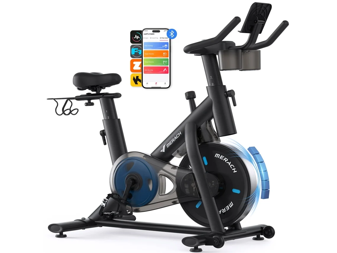 Bicicleta Estática Magnética MERACH, Bluetooth, LED, Própria Aplicação, 8 Níveis, Suporte Duplo para Garrafas, Guidão/Assento Ajustáveis, Silenciosa