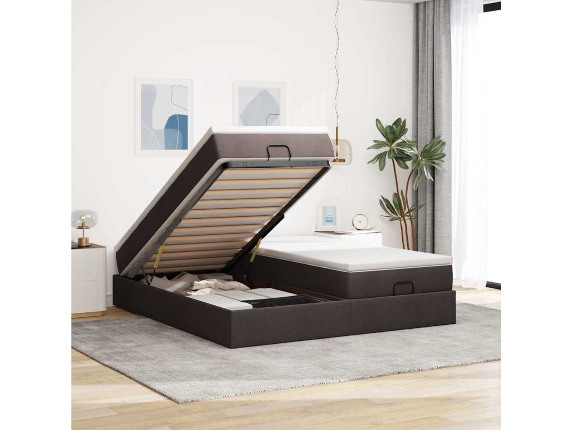 Estrutura De Cama Otomana Com Colchões Tecido Castanho Escuro
