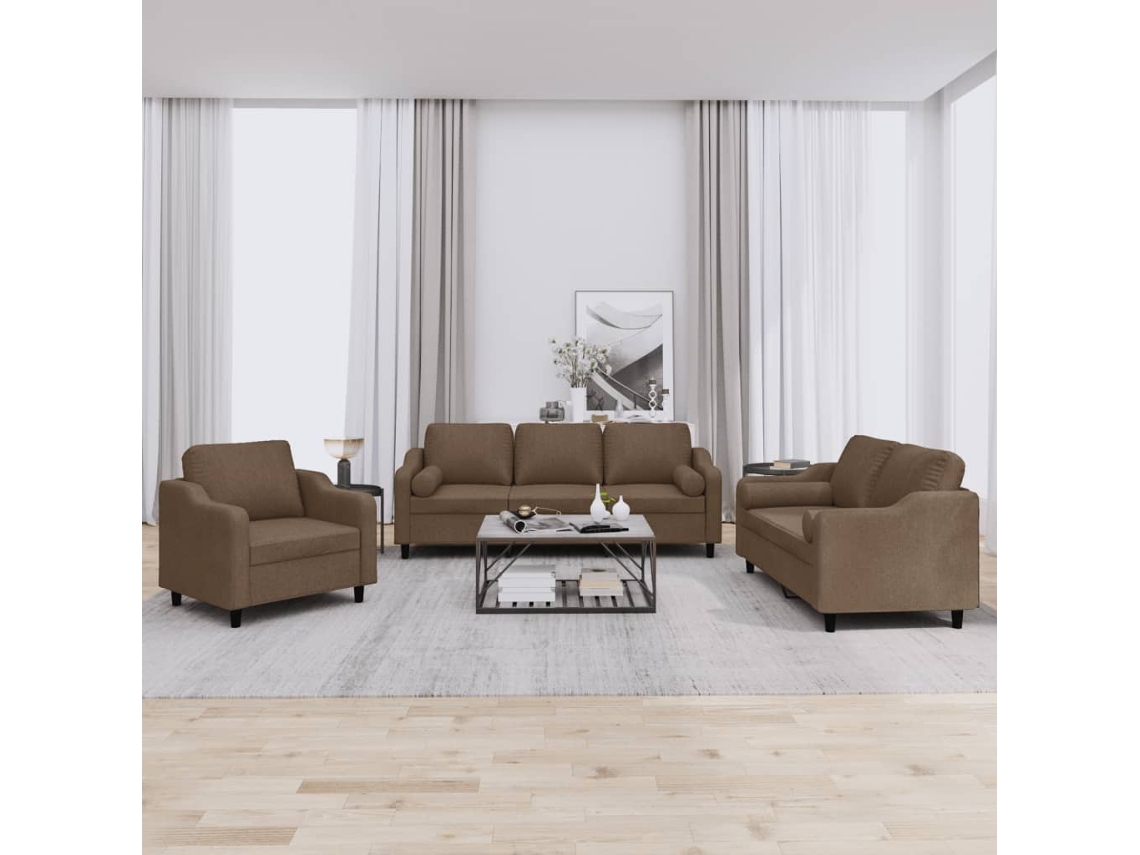 Vidaxl 3 Pcs Conjunto De Sofás Com Almofadas Tecido Castanho