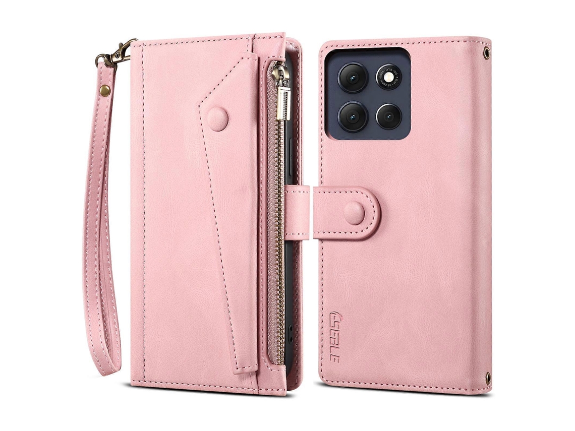 Capa Tkdaddy Eseble Star Series Para Motorola Moto G56 5g Com Zíper E Suporte De Couro, Capa Para Celular Em Ouro Rosa