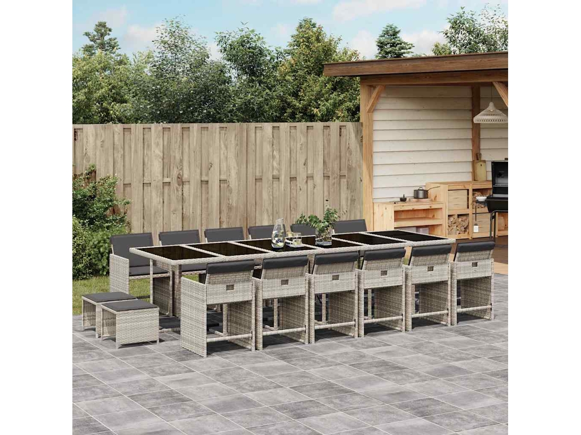 Vidaxl 17 Pcs Conj. Jantar Jardim C/ Almofadões Vime Pe Cinzento-claro