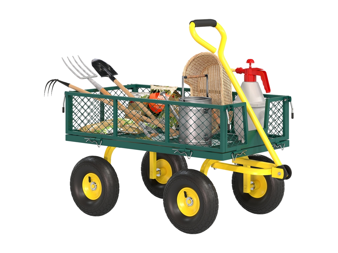 Carrinho de Jardim de Aço com Capacidade de 200 Kg e Paredes Laterais Removíveis. 104x54x51 Cm. Verde e Amarelo Ge