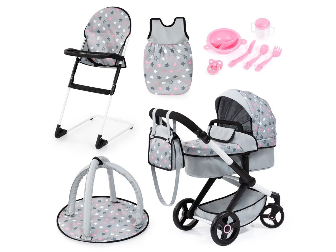Carrinho de bebê Xeo Dolls, cadeira alta, saco de dormir cinza com acessórios 17007ab Bayer