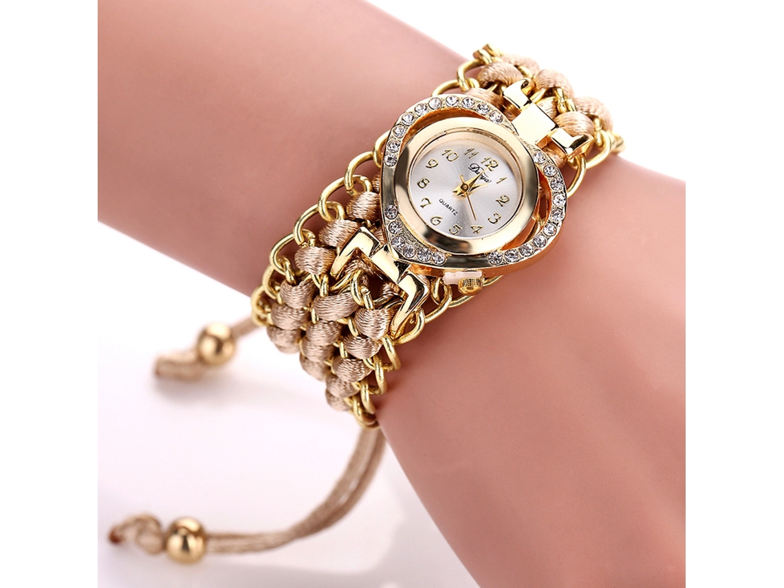 Relógio Pulseira Feminino de Strass Coração com Pulseira de Tecido Branco