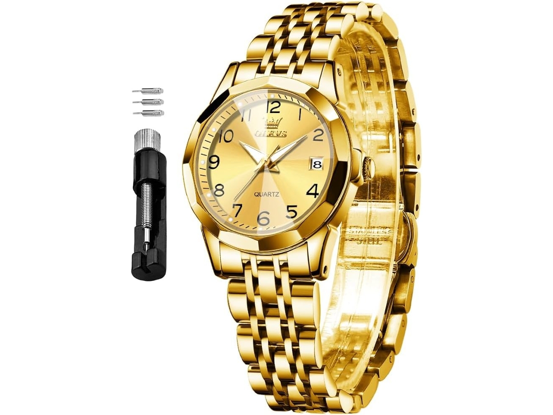 Lurelia Relógio Feminino, Movimento De Quartzo, Data/calendário, Luminoso, Detalhes Com Strass, Aço Inoxidável, Abs, Dourado