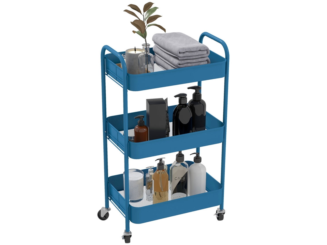 Carrinho de arrumação de banheiro em aço, com 3 bandejas perfuradas e rodízios, cor azul escuro, dimensões: 45x30,6x79 cm