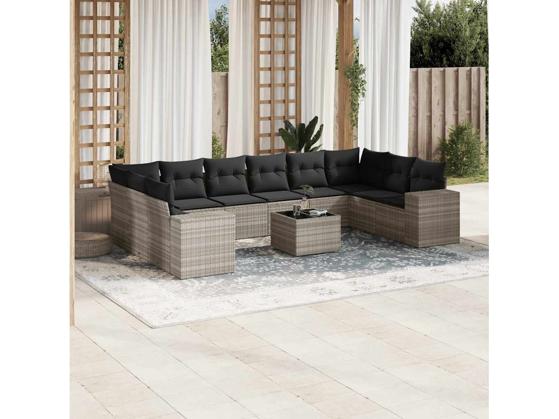 Vidaxl 11 Pcs Conjunto Sofás De Jardim C/ Almofadões Vime Pe Cinzento