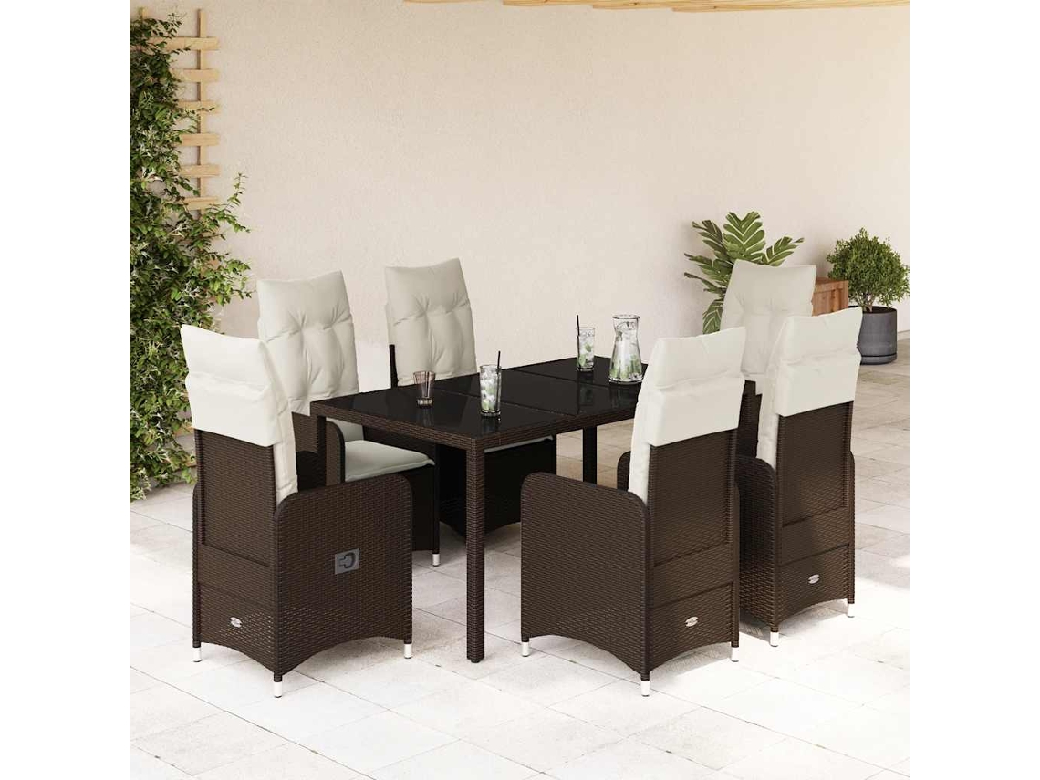 Vidaxl 7 Pcs Conjunto Bistrô De Jardim C/ Almofadões Vime Pe Castanho