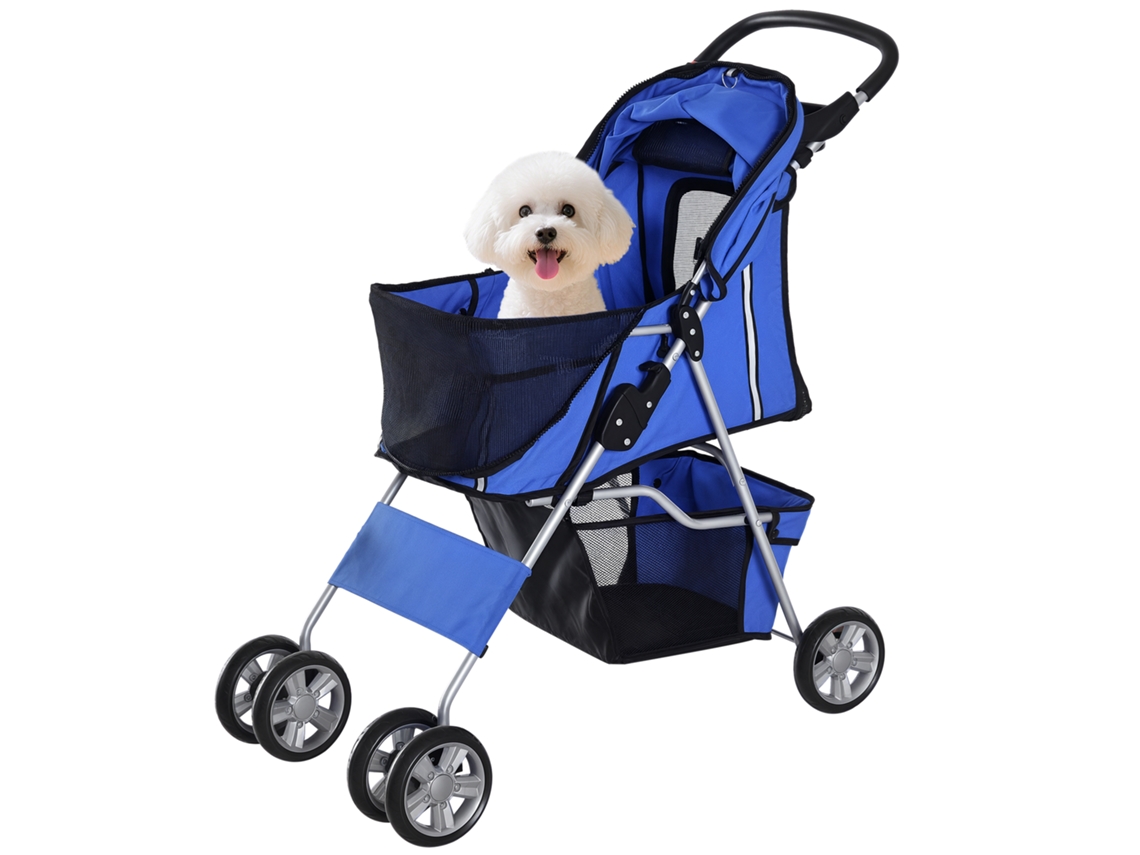 Carrinho para Cães Pequenos NOVAVEST com capota ajustável, cesto de armazenamento, porta copos e 2 rodas, 75x45x97 cm, azul