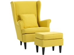 Poltrona com Banquinho Em. em Tecido de Linho e Madeira de Borracha.. 75x83x104 Cm Amarelo