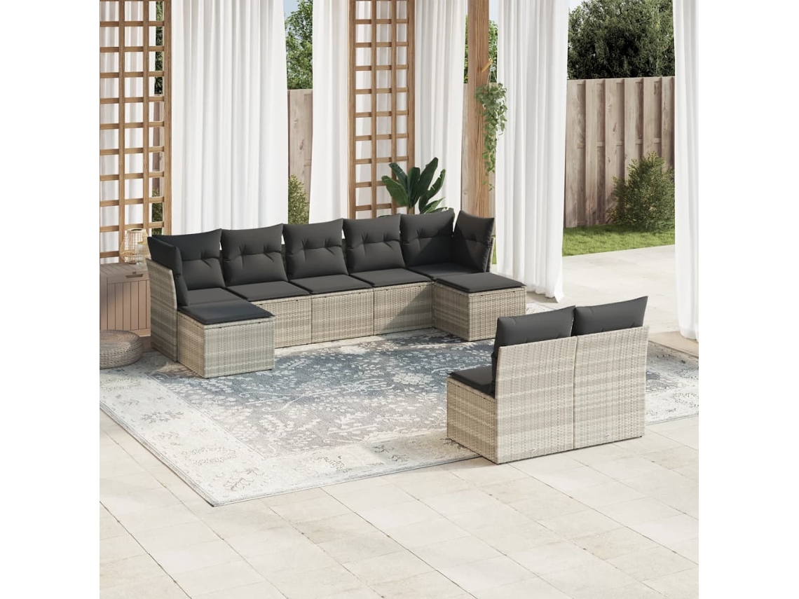 Vidaxl 9 Pcs Conj. Sofás Jardim Com Almofadões Vime Pe Cinzento-claro