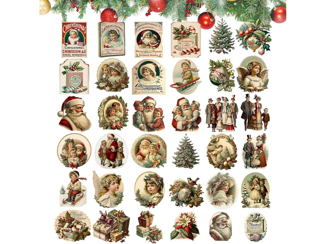 Adesivos De Natal Vintage Para Scrapbooking, Adesivos De Natal Retrô, 36 Adesivos Com Estética Retrô, Adesivos Para Laptop Gokoco