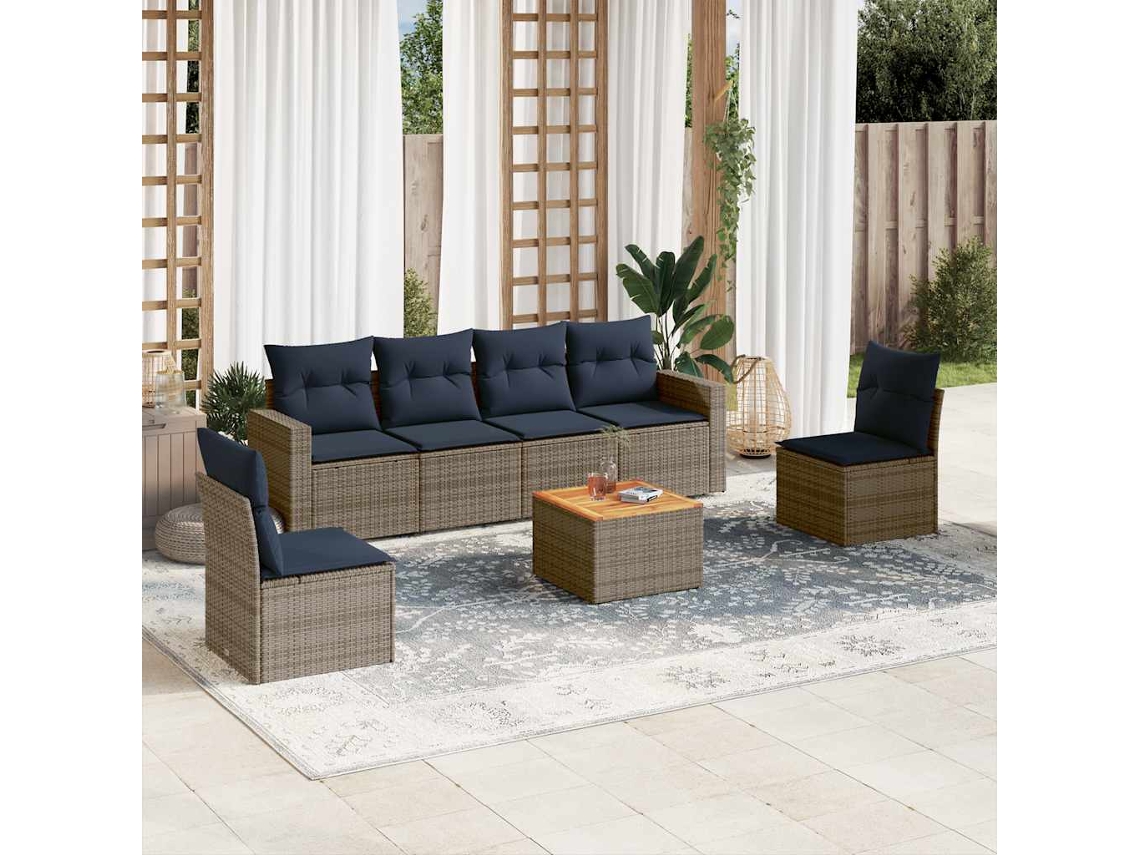 Vidaxl 7 Pcs Conjunto Sofás P/ Jardim C/ Almofadões Vime Pe Cinzento