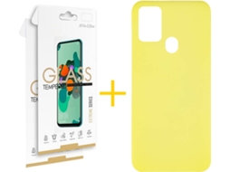 Capa e 2 x Película de Vidro Samsung Galaxy A21s SKYHE Silicone Líquido Amarelo