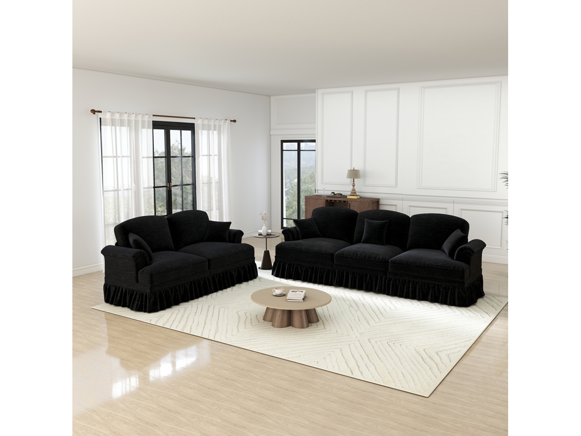 Conjunto de 2 Sofás Modulares de 5 Lugares Chenille com Braços Cónicos e Saia Removível Pernas Torneadas Preto MOBRIO
