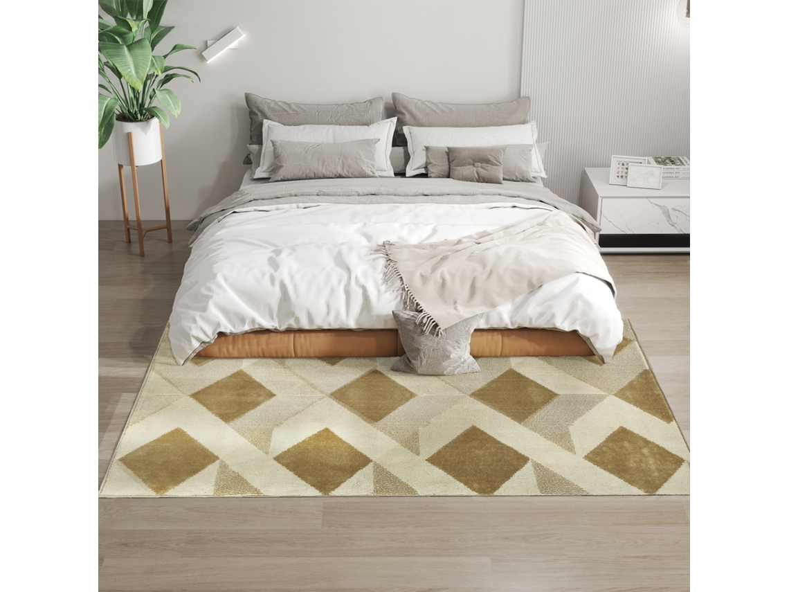 Tapete Sala Estar 170x120 Cm Alcatifa Lavável Na Máquina De Lavar Pelo Curto Moderno Creme E Marrom Claro