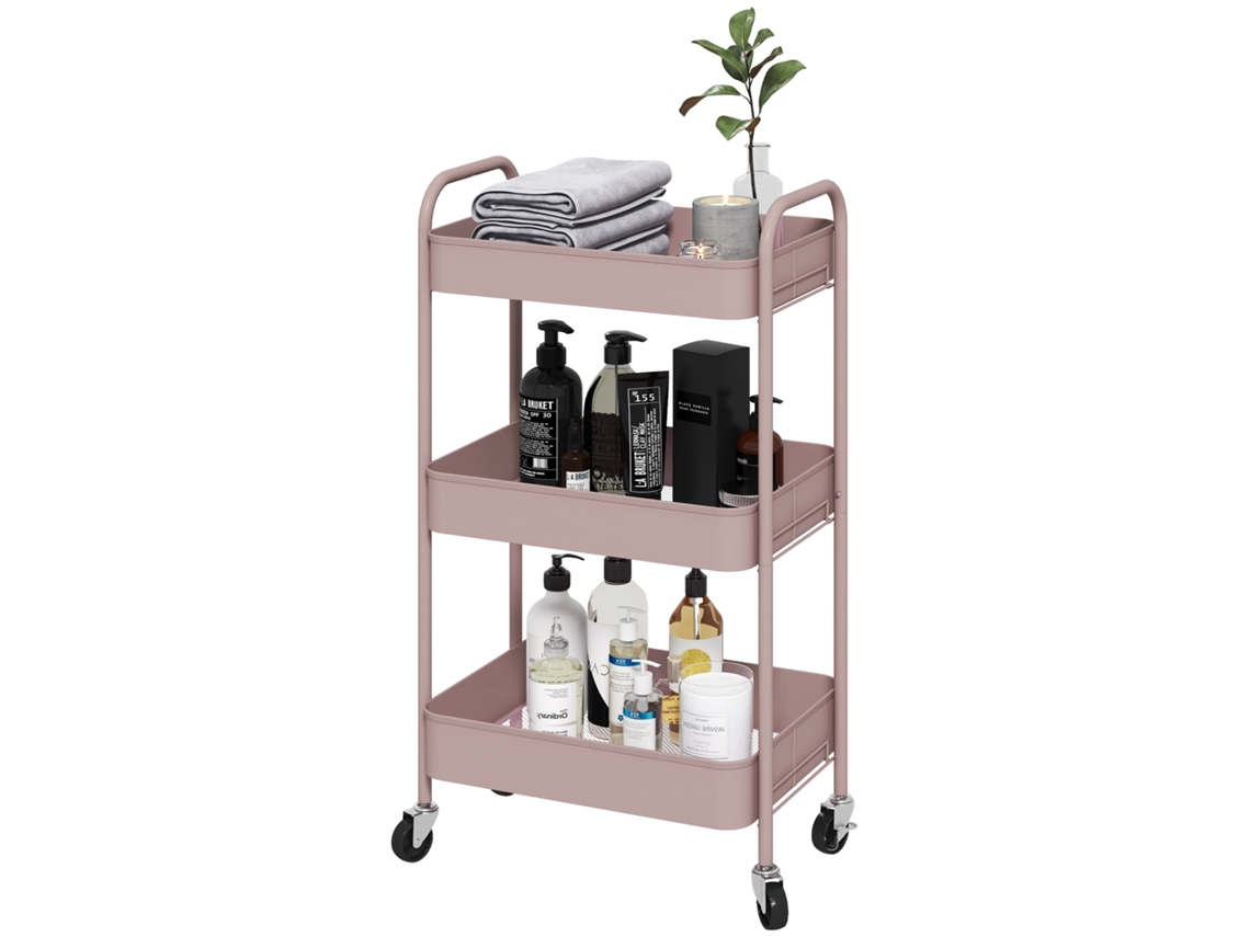 Carrinho Auxiliar De 3 Níveis Com Rodas De Armazenamento Deslizante Para Cozinha Sala 45x30.6x79 Cm Rosa