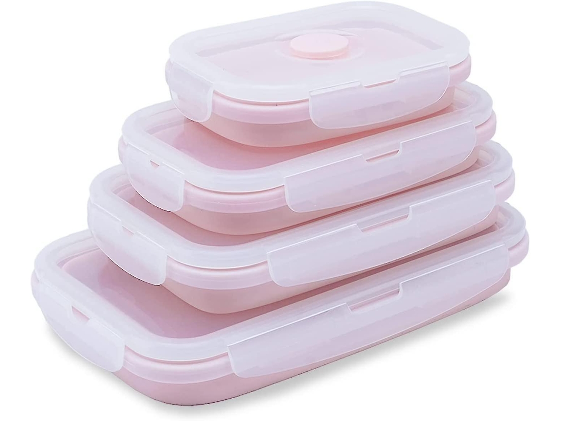 Set de 4 Contêineres de Armazenamento de Silicone Plegáveis Sem Bpa com Tampa Airtight para Cozinha, Micro ondas e Congelador Rosa