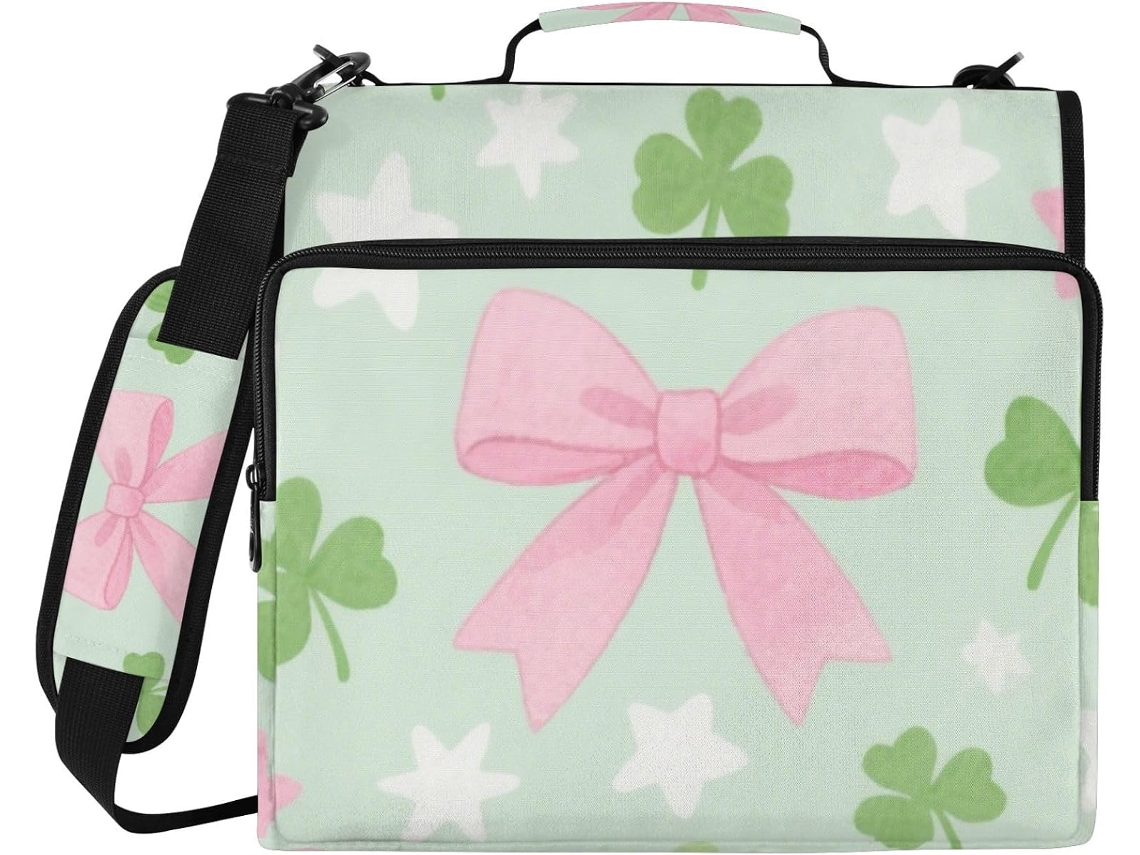 Organizador de Fichário 3 Argolas Green Clover com Alça e Ombro Removível. Inclui um Bolso Zíper. Portfólio Po