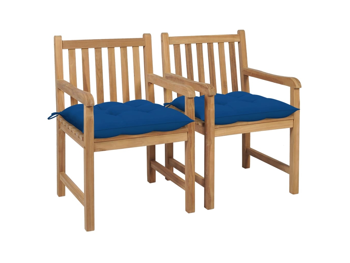Vidaxl Cadeiras De Jardim C/ Almofadões Azuis 2 Pcs Teca Maciça
