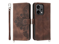 Capa Tipo Carteira De Couro Sintético Com Estampa Floral Para Oppo Reno14 F 5g, Com Alça, Marrom