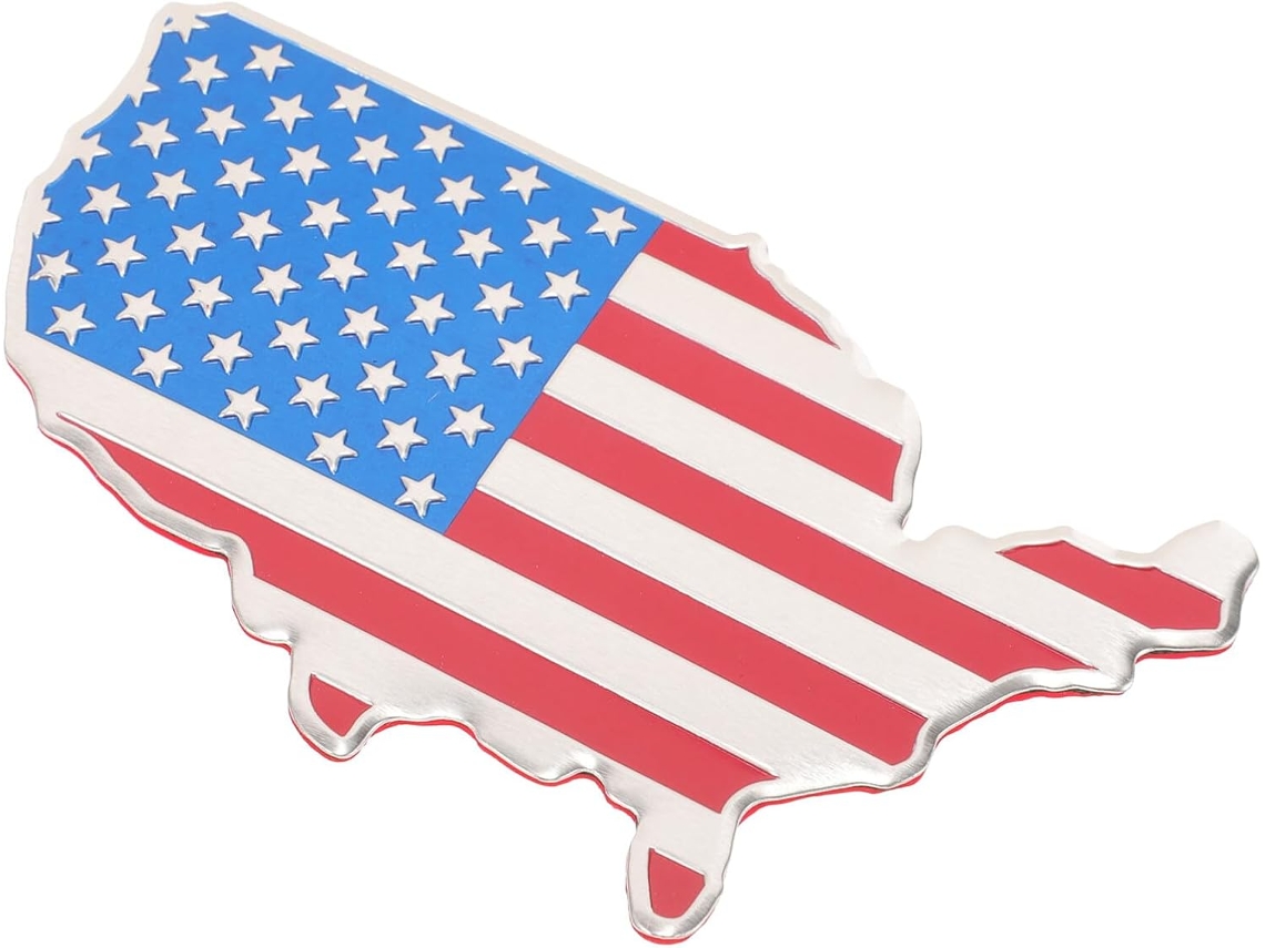 Adesivo metálico para carro com a bandeira americana e o mapa de dois estados em vermelho e azul.