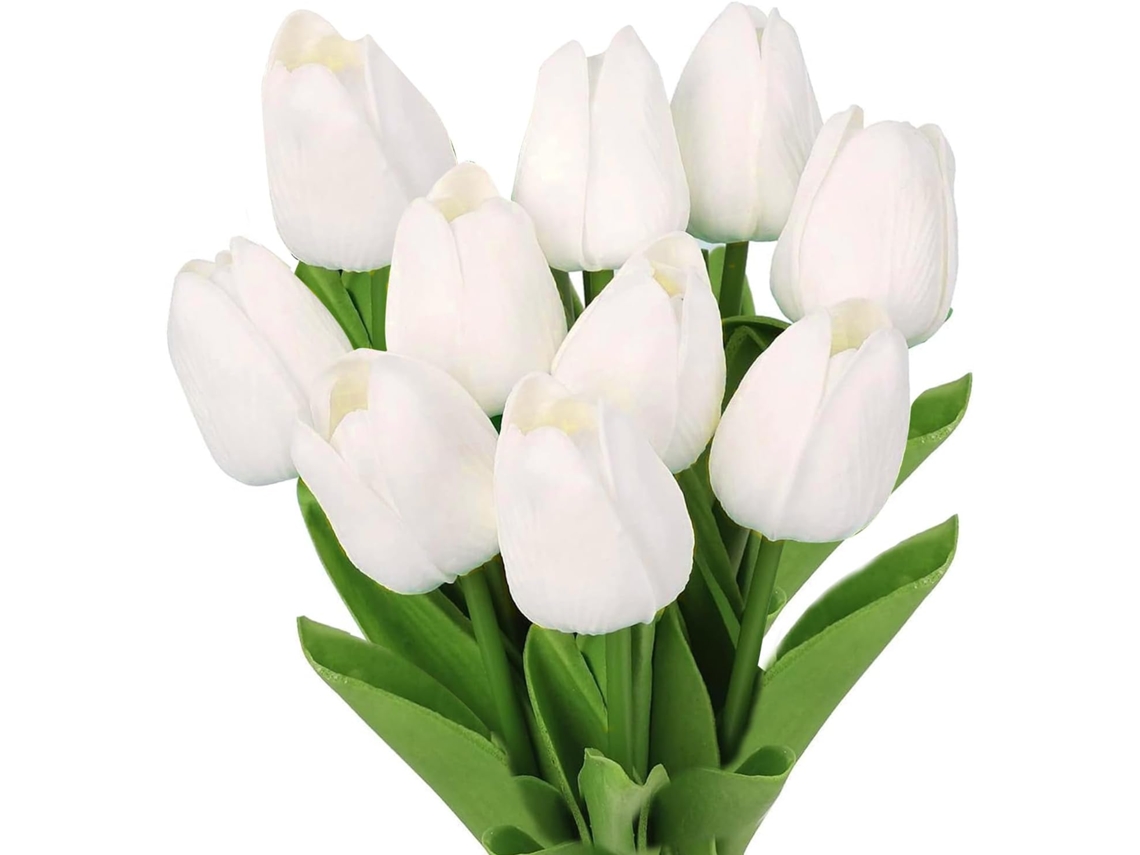 Conjunto de 10 Tulipas Artificiais em Vaso Buquê de Tulipas Artificiais Brancas para Casamentos, Festas e Decoração de Casa AQUAFORGE