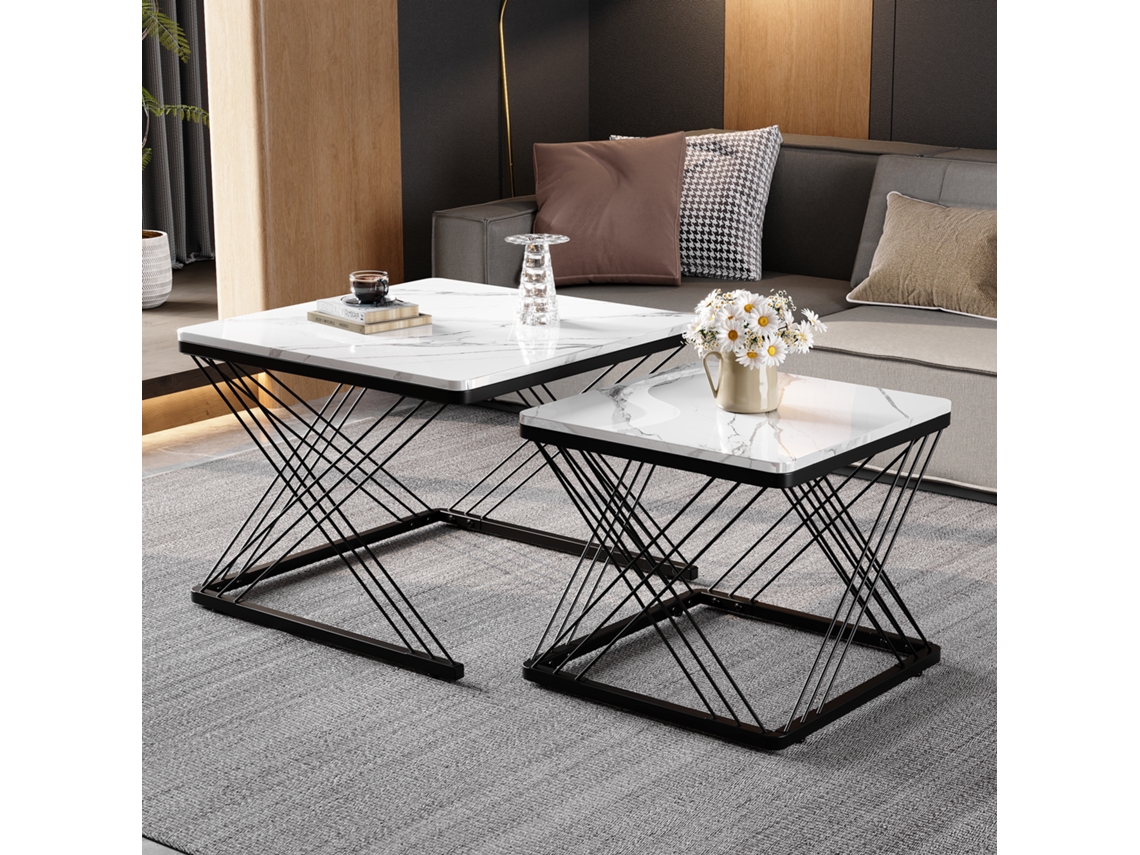 Conjunto De 2 Mesas Encaixáveis Tampo Com Padrão De Mármore Branco E Preto Estilo