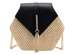 Bolsa transversal feminina 2026 em palha, estilo verão, com interior em couro PU preto.