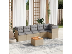 Vidaxl 7 Pcs Conj. Sofás Jardim C/ Almofadões Vime Pe Bege Misturado