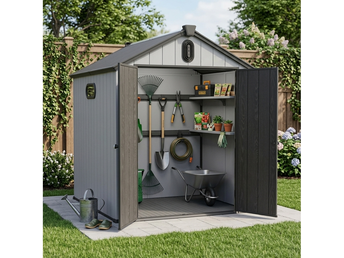 Galpão De Armazenamento Em Resina Plástica Xwt012 6x8 Pés Para Jardim, Ferramentas Grandes Com Telhado Pontiagudo.