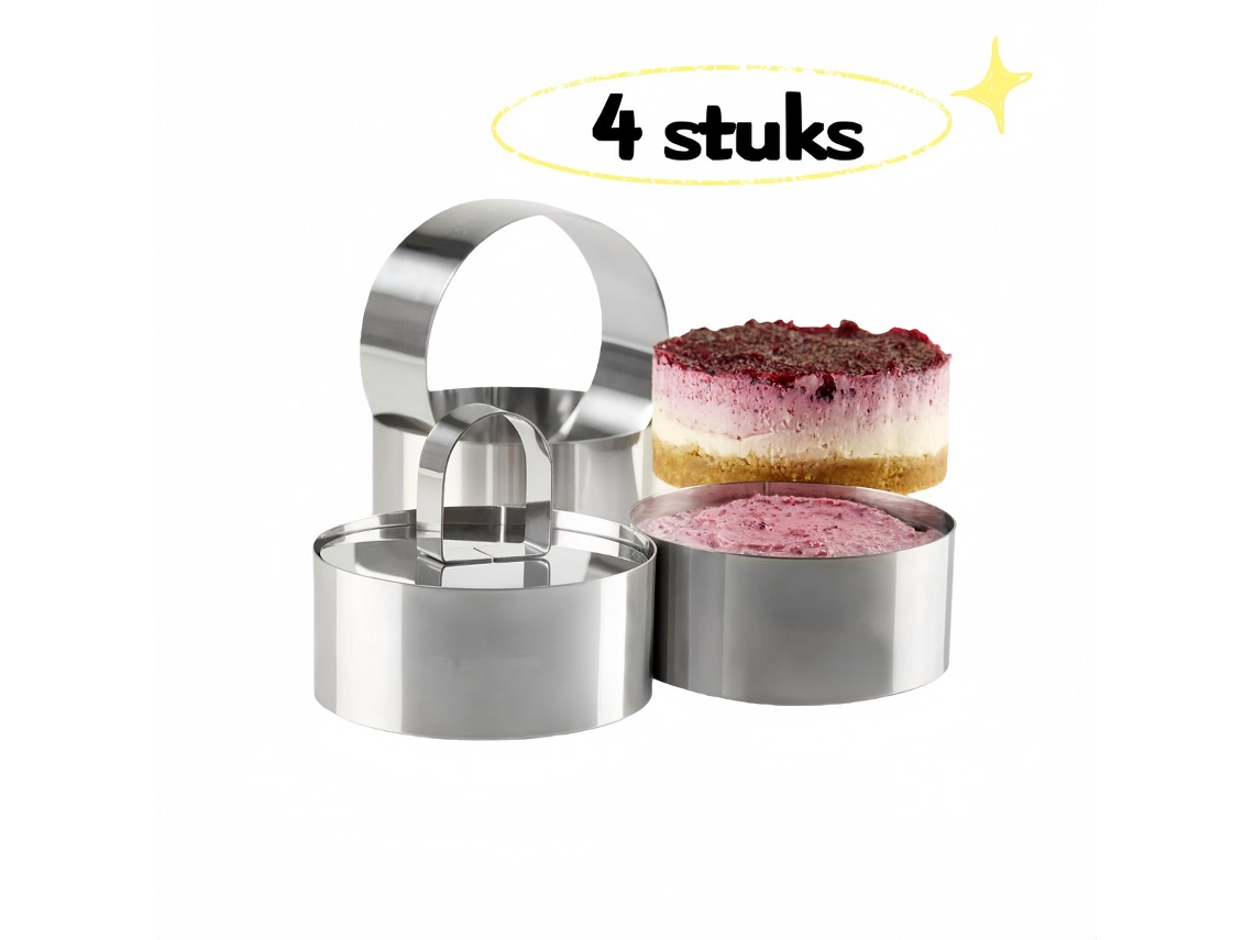 Conjunto De 4 Aros Redondos De Aço Inoxidável Com Empurrador, 8×8×4 Cm, Para Bolos E Doces