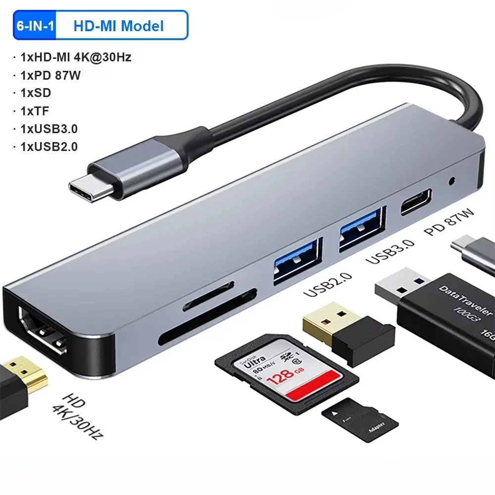 Hub Usb-c 6 Em 1, Multiportas, Para Macbook Pro E Air