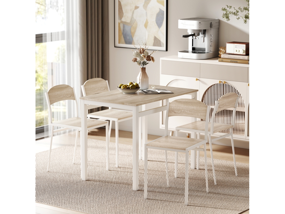 Conjunto De Jantar De 5 Peças Com 1 Mesa Retangular E 4 Cadeiras, Em Metal E Mdf, Cinza E Branco.