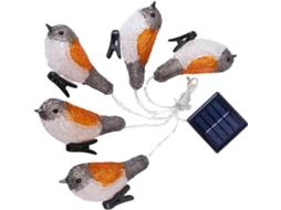 Luzes Solares De Led Em Formato De Pisco-de-peito-ruivo Com 5 Prendedores De Pássaros Brancos E Amarelos.
