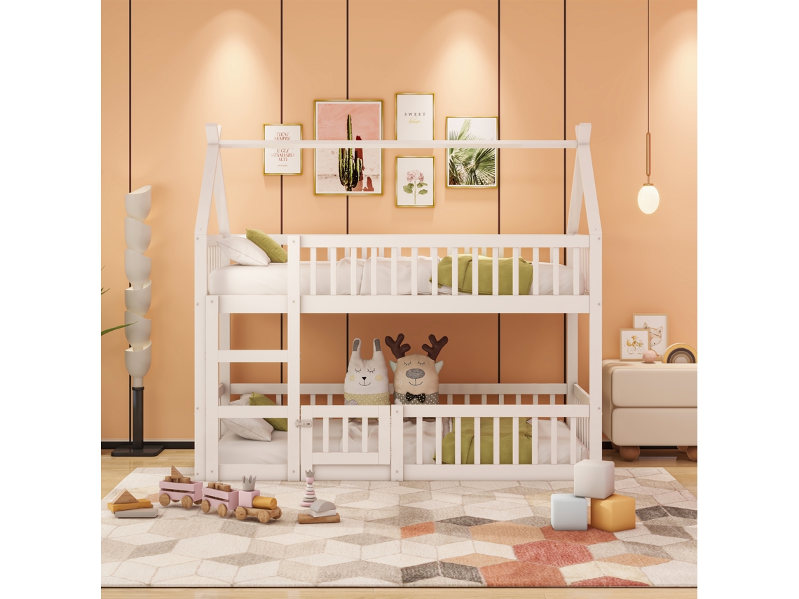 Cama Alta Para Crianças 90x200 Cm Design Loft, Escada, Estrutura Em Madeira Maciça, Branco Estilo
