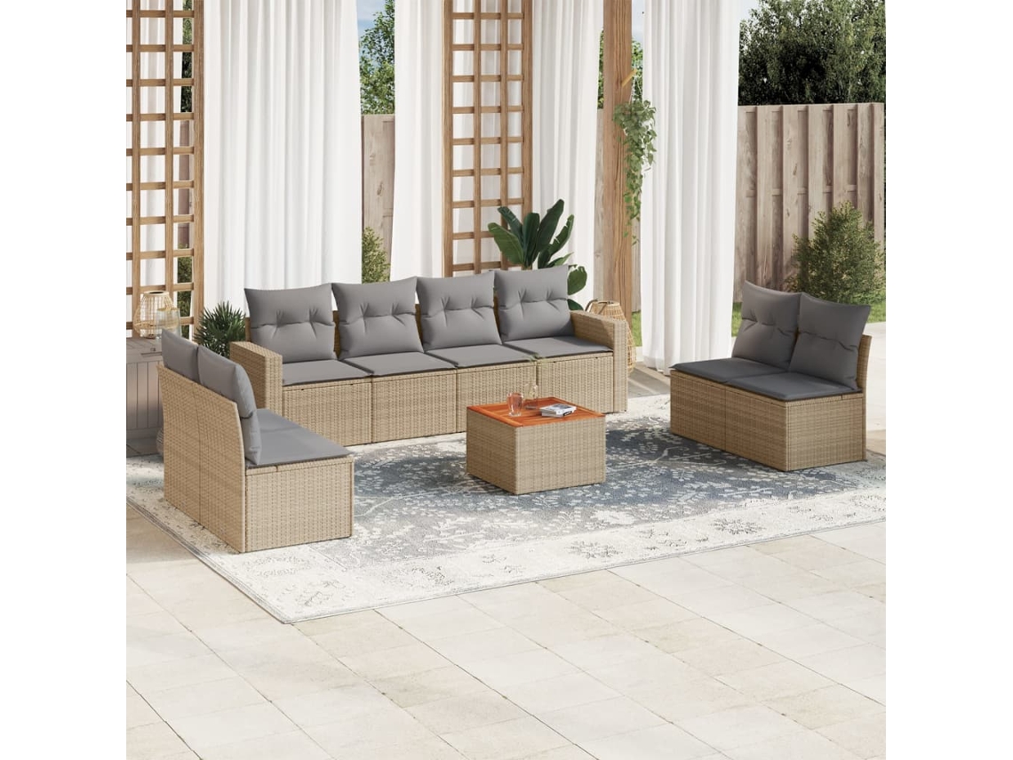 Vidaxl 9 Pcs Conjunto De Sofás P/ Jardim Com Almofadões Vime Pe Bege