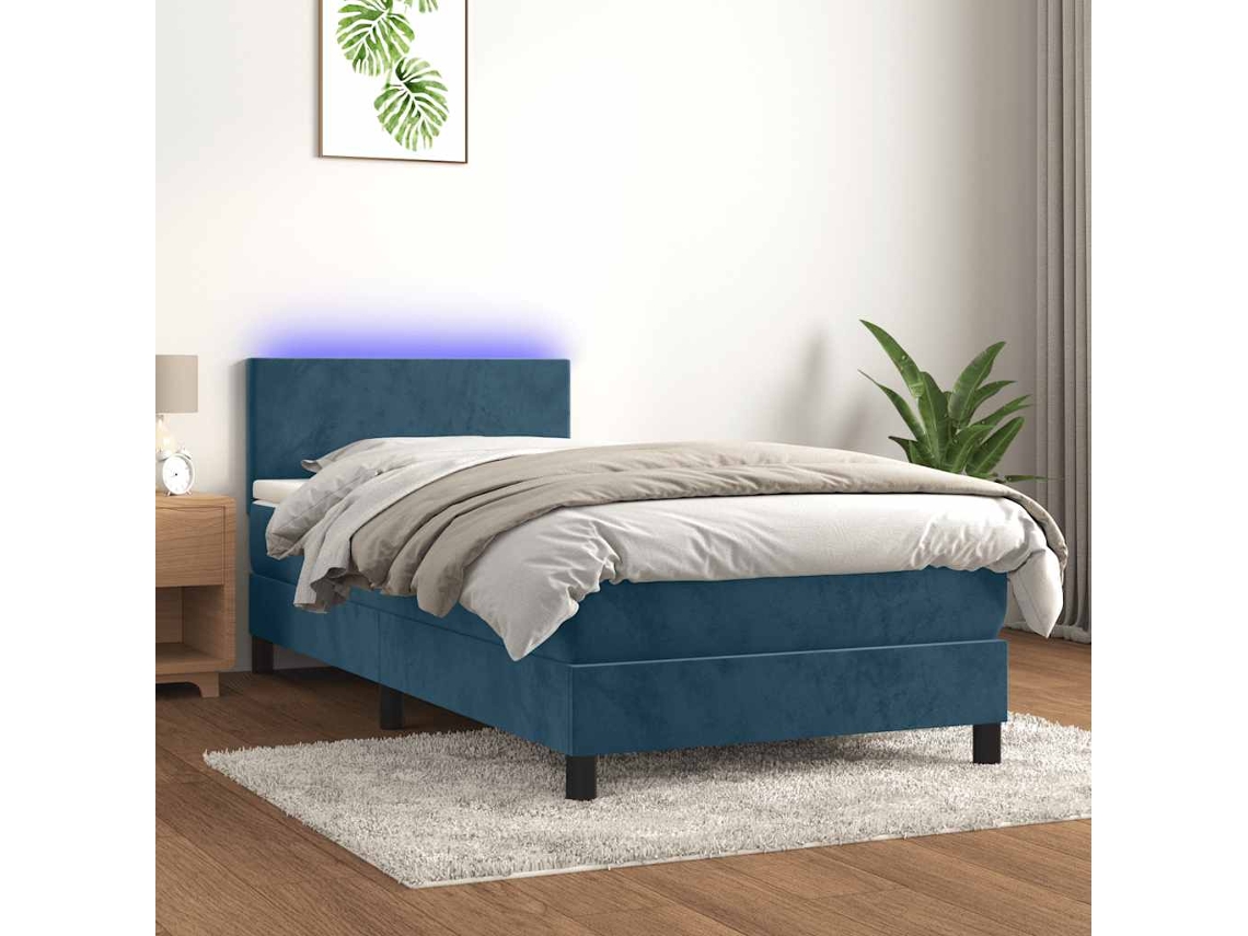 Vidaxl Cama Box Spring C/ Colchão/led 100x200 Cm Veludo Azul-escuro