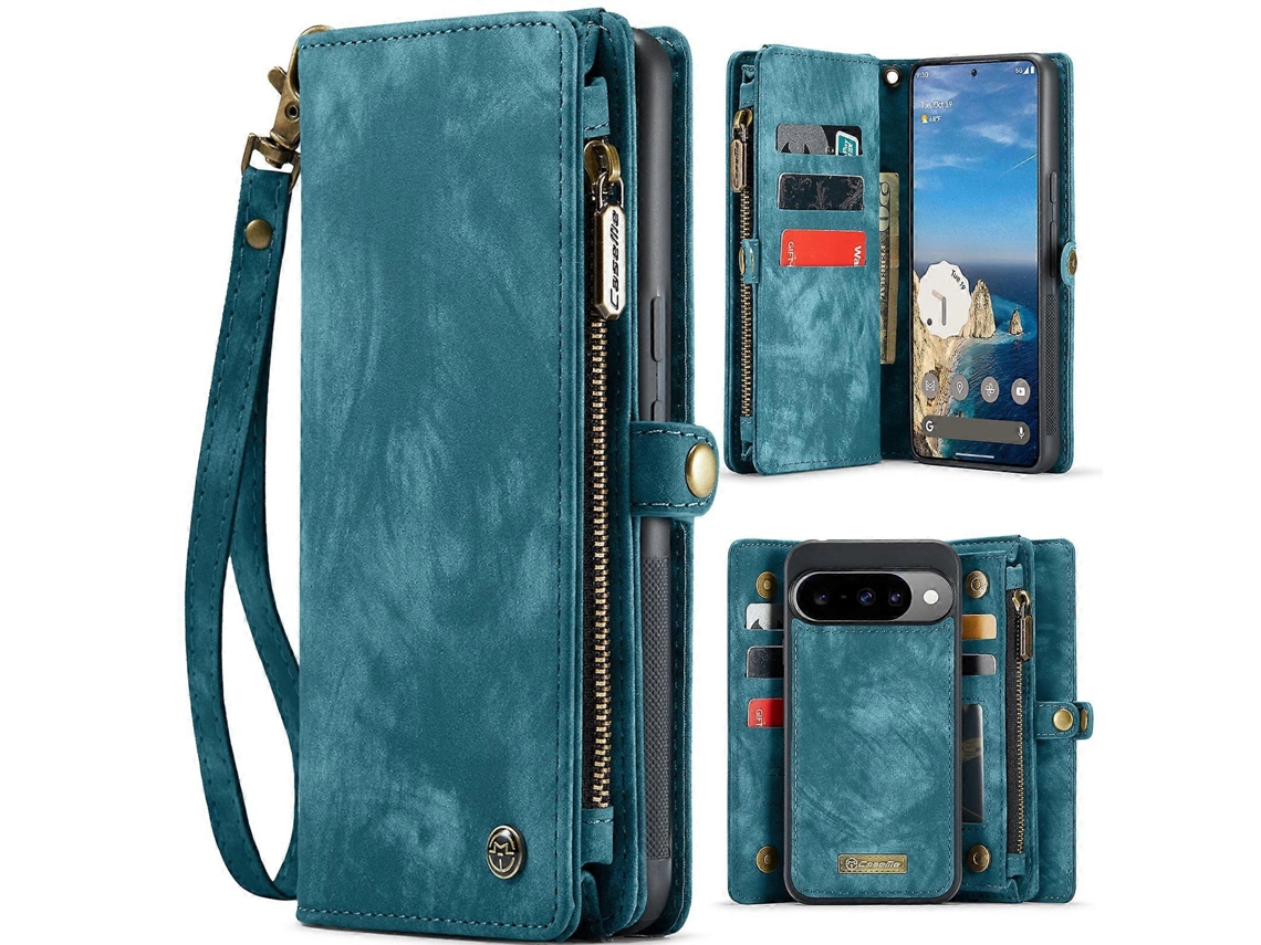 Capa De Couro Tkdaddy Para Google Pixel 10 Pro / Google Pixel 10, Capa Caseme Com Carteira Removível E Alça, Azul