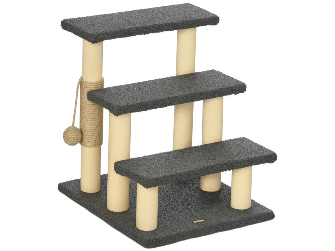 Escada Mista Madeira-cinza Altura 48cm Com Arranhador Vertical, Três Degraus E Brinquedo 45 X 40
