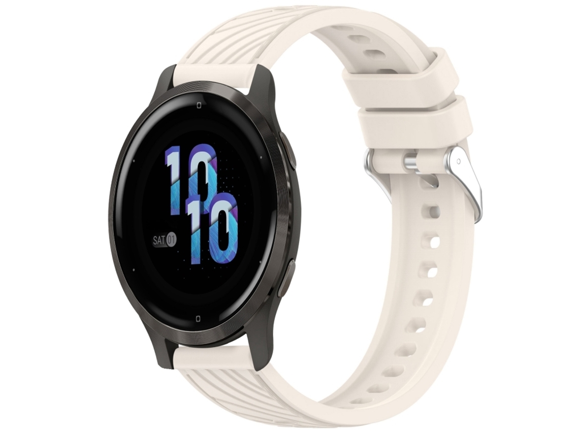 Bracelete para Garmin Venu 2s em Silicone com textura listrada e fivela de aço prate starlight (18mm)