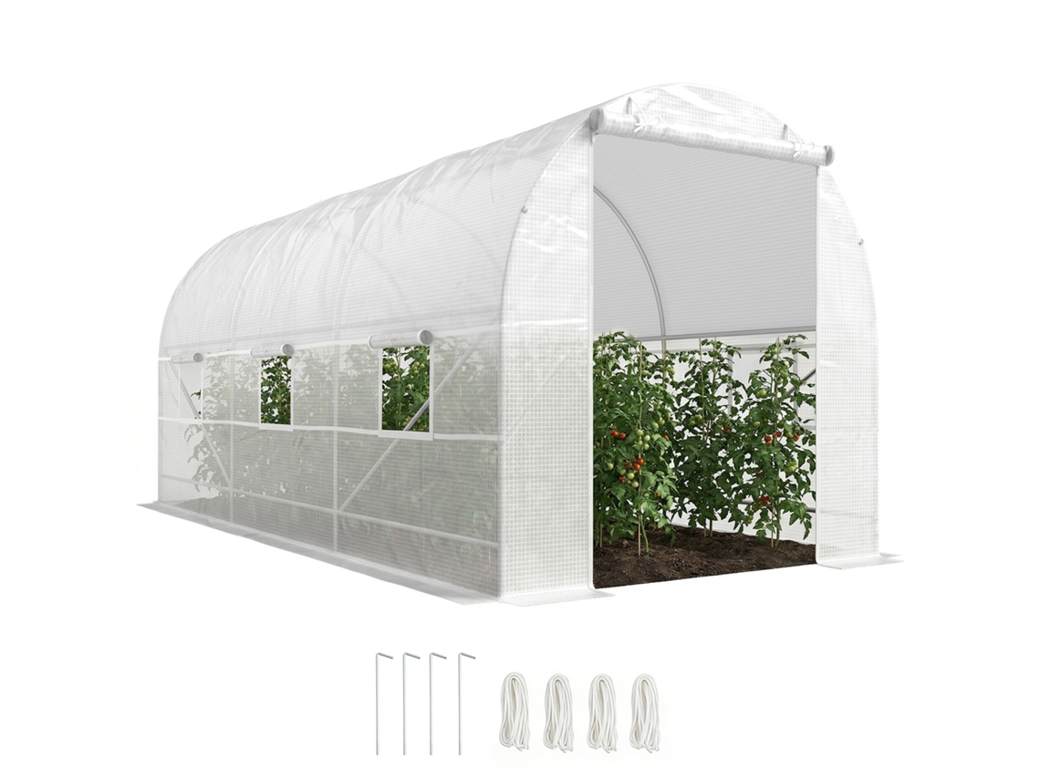 Estufa Tipo Túnel 445x200x200 Cm Com Porta Enrolável E 6 Janelas Cobertura De Pe 140 G/m² Anti-uv Branco
