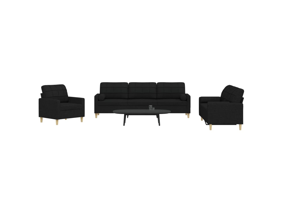Vidaxl 3 Pcs Conjunto De Sofás Com Almofadas Decorativas Tecido Preto