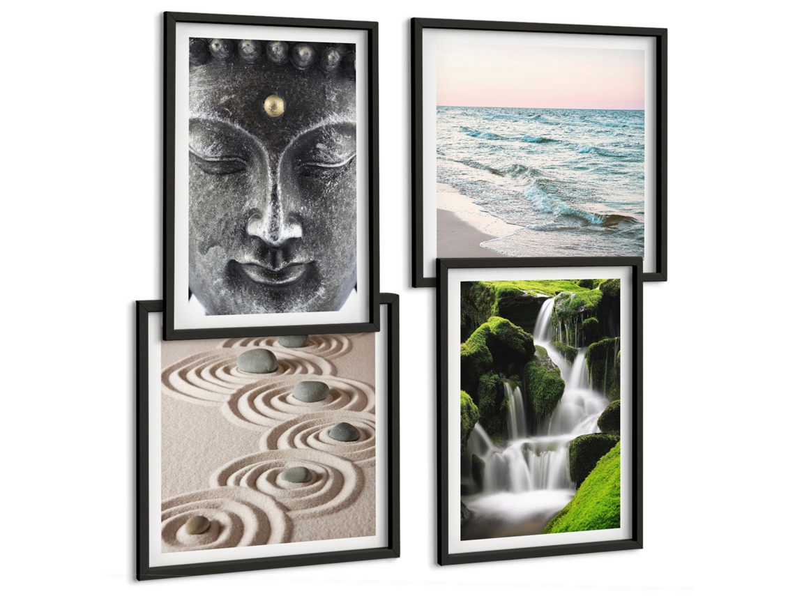 Composição De Quadros Na Parede Flores, Amarelo, Fundo Escuro Moldura Preta Pinturas De Quarto Espelharte (conjunto De 4 Imagens)