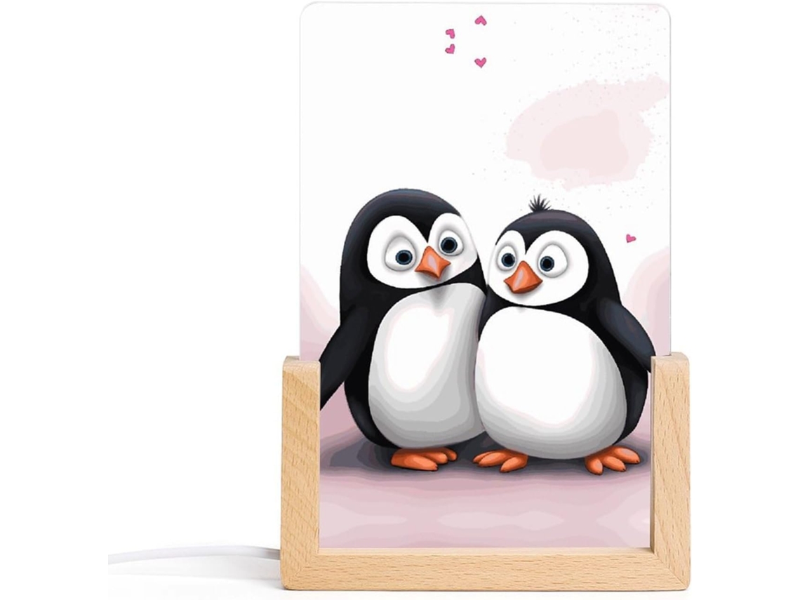 Luminária noturna de acrílico com design Pinguim e base de madeira estampada, luminária LED moderna para decoração de casa.
