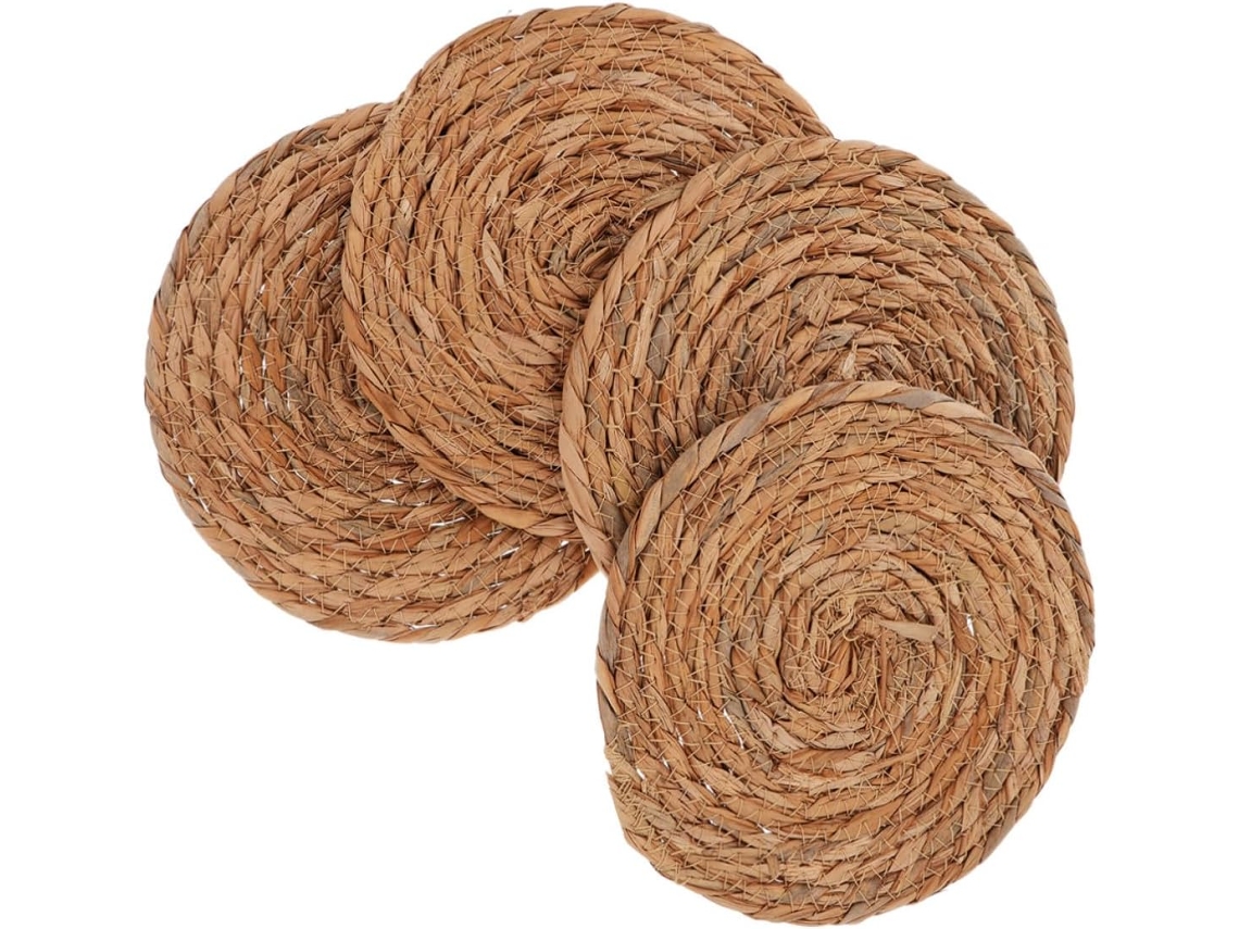 Jogo Americano de Rattan Redondo, 4 Peças, Feito À Mão, Resistente Ao Calor, Estilo Boho, CHABERLU