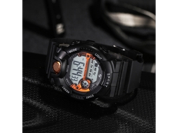 Relógio esportivo eletrônico masculino, resistente à água até 30 metros, pulseira de borracha laranja.