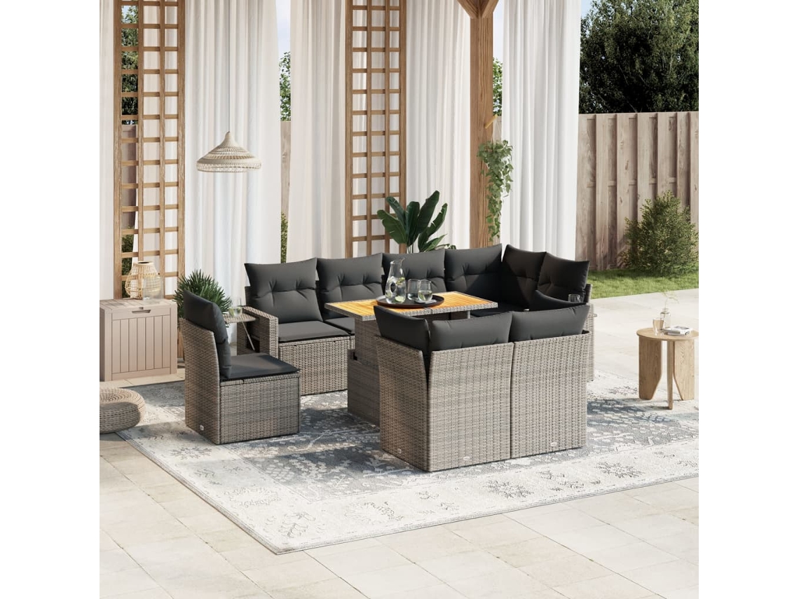 Vidaxl 9 Pcs Conjunto Sofás P/ Jardim Com Almofadões Vime Pe Cinzento